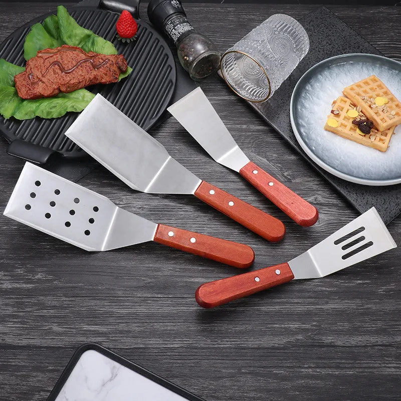 Stainless Steel Wooden Handle Frying Spatula Household Steak Pizza Shovel Flat Colander Kitchenware Kitchen Cooking Accessories